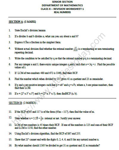 Real Number Worksheet Class 10